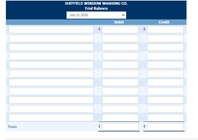 SHEFFIELD WINDOW WASHING Co.
Trial Balance
July 31, 2020
Debit
Credit
$
Totals
24
%24
%24
