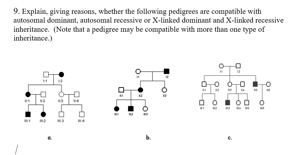 9. Explain, giving reasons, whether the following pedigrees are compatible with
autosomal dominant, autosomal recessive or X-linked dominant and X-linked recessive
inheritance. (Note that a pedigree may be compatible with more than one type of
inheritance.)
1:1
12
1:1
12
1:1
1:2
I12
I:4
IIS
II:1
I12
II:1
I1:2
Il:3
I1:4
II2
II:1
III3
II:1
II:2
III:3
III:4
a.
b.
c.
