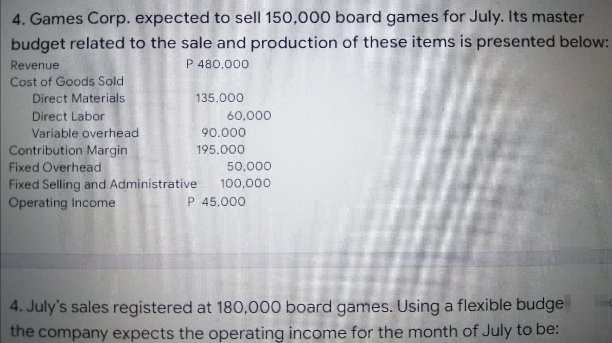 4. Games Corp. expected to sell 150,000O board games for July. Its master
budget related to the sale and production of these items is presented below:
Revenue
P 480.000
Cost of Goods Sold
Direct Materials
135,000
Direct Labor
60,000
Variable overhead
90,000
Contribution Margin
195,000
Fixed Overhead
50,000
Fixed Selling and Administrative
100,000
Operating Income
P 45,000
4. July's sales registered at 180,000 board games. Using a flexible budge
the company expects the operating income for the month of July to be:
