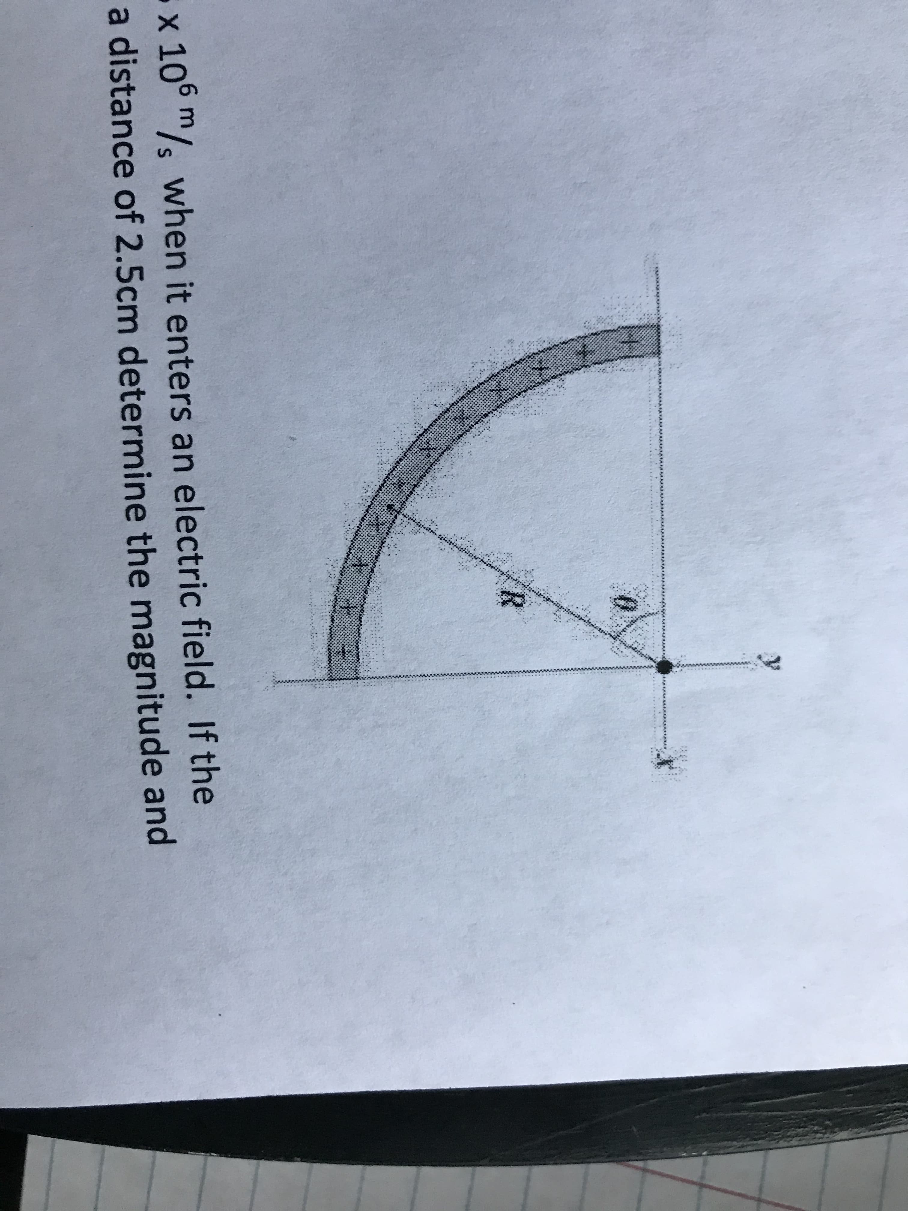 x 10° m/s when it enters an electric field. If the
a distance of 2.5cm determine the magnitude and
