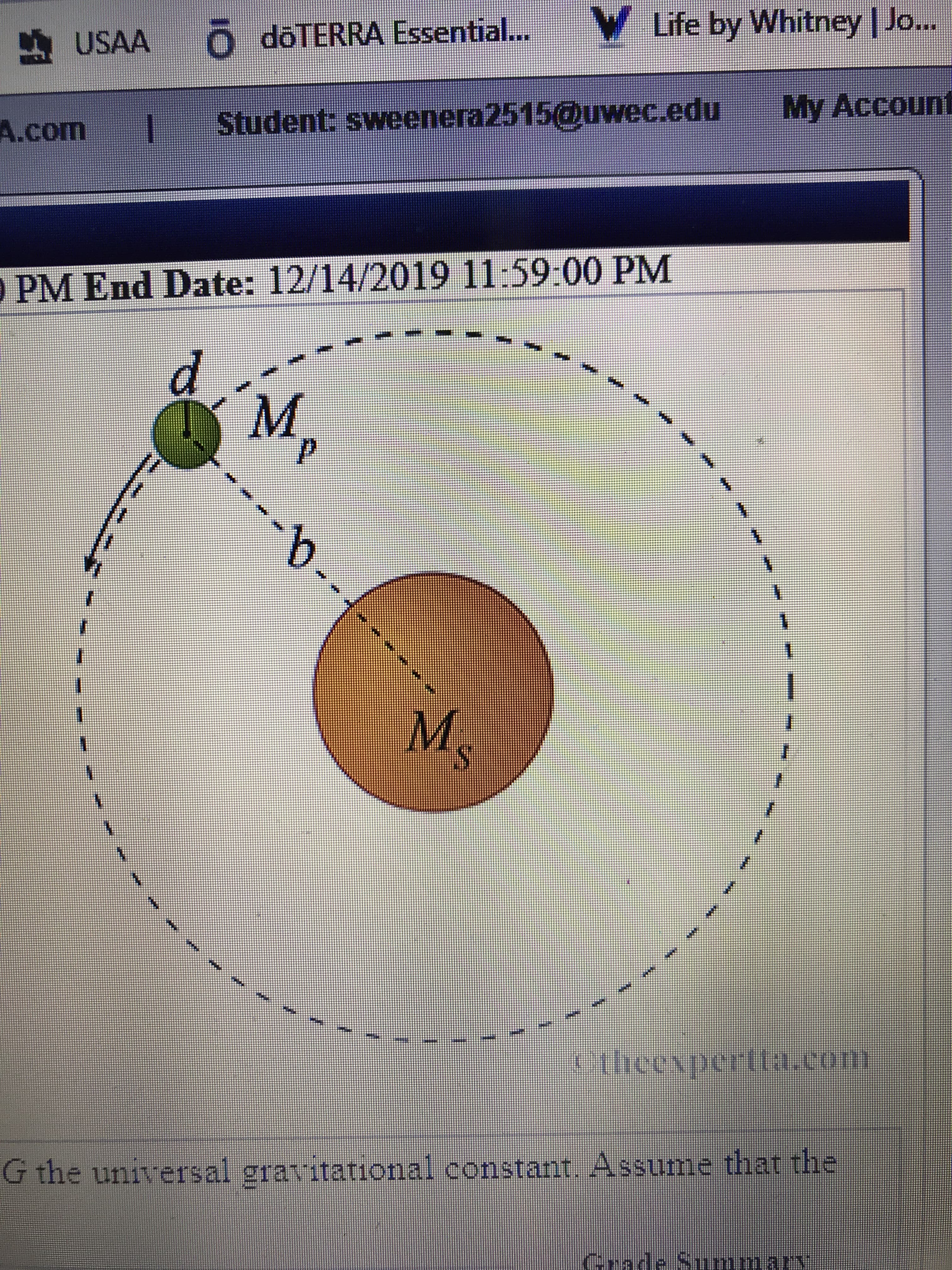 V Life by Whitney | Jo...
o doTERRA Essential..
A USAA
My Account
Student: sweenera2515@uwec.edu
A.com
O PM End Date: 12/14/2019 11:59:00 PM
м,
Ma
theexpentln.com
that the
G the universal gravitational constant. Assume
Grade Summary
