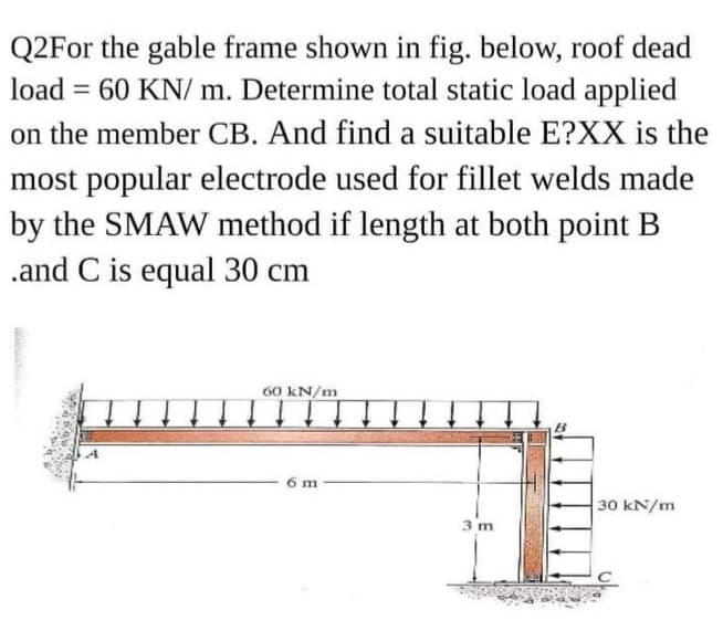 Q2For the gable frame shown in fig. below, roof dead
load = 60 KN/ m. Determine total static load applied
on the member CB. And find a suitable E?XX is the
most popular electrode used for fillet welds made
by the SMAW method if length at both point B
.and C is equal 30 cm
60 kN/m
6 m
30 kN/m
3 m
