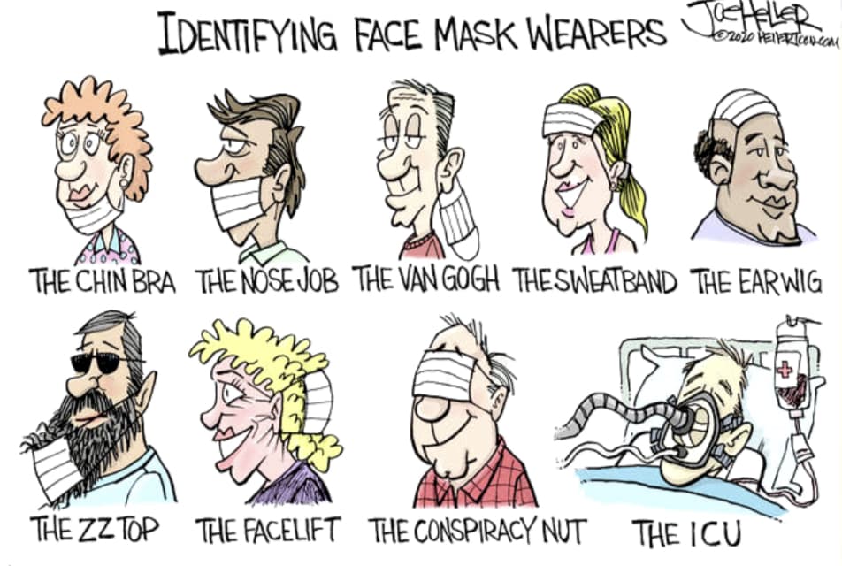 IDENTIFYING FACE MASK WEARERS Vo an
THE CHIN BRA THE NOSE JOB THE VAN GOGH THESWEATBAND THE EARWIG
THE ZZ TOP THE FACELIFT THE CONSPIRACY NUT THE ICU
