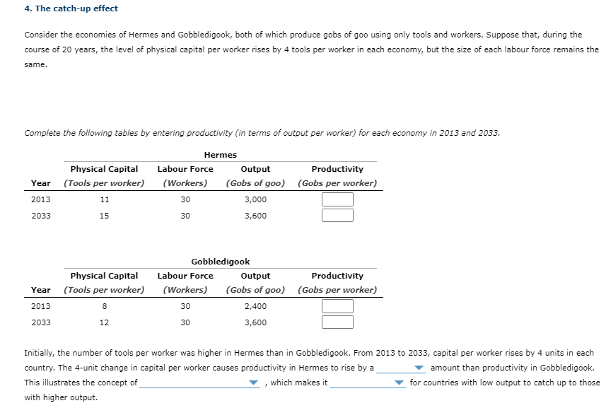 4. The catch-up effect
Consider the economies of Hermes and Gobbledigook, both of which produce gobs of goo using only tools and workers. Suppose that, during the
course of 20 years, the level of physical capital per worker rises by 4 tools per worker in each economy, but the size of each labour force remains the
same.
Complete the following tables by entering productivity (in terms of output per worker) for each economy in 2013 and 2033.
Hermes
Physical Capital
Labour Force
Output
Productivity
Year (Tools per worker)
(Workers)
(Gobs of goo) (Gobs per worker)
2013
11
30
3,000
2033
15
30
3,600
Gobbledigook
Physical Capital
Labour Force
Output
Productivity
Year (Tools per worker)
(Workers)
(Gobs of goo) (Gobs per worker)
2013
8
30
2,400
2033
12
30
3,600
Initially, the number of tools per worker was higher in Hermes than in Gobbledigook. From 2013 to 2033, capital per worker rises by 4 units in each
country. The 4-unit change in capital per worker causes productivity in Hermes to rise by a
amount than productivity in Gobbledigook.
This illustrates the concept of
, which makes it
for countries with low output to catch up to those
with higher output.
