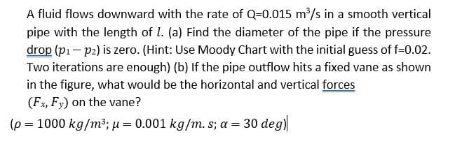 A fluid flows downward with the rate of Q=0.015 m/s in a smooth vertical
pipe with the length of l. (a) Find the diameter of the pipe if the pressure
drop (pi – p2) is zero. (Hint: Use Moody Chart with the initial guess of f=0.02.
Two iterations are enough) (b) If the pipe outflow hits a fixed vane as shown
in the figure, what would be the horizontal and vertical forces
(Fx, Fy) on the vane?
(p = 1000 kg/m3; u = 0.001 kg/m. s; a = 30 deg)
