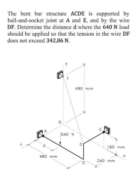 The bent bar structure ACDE is supported by
ball-and-socket joint at A and E, and by the wire
DF. Determine the distance d where the 640 N load
should be applied so that the tension in the wire DF
does not exceed 342.86 N.
490 mm
640 N
160 mm
480 mm
240 mm
