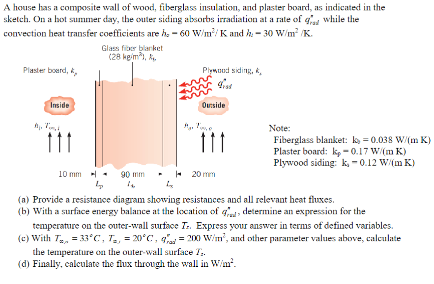 A house has a composite wall of wood, fiberglass insulation, and plaster board, as indicated in the
sketch. On a hot summer day, the outer siding absorbs irradiation at a rate of d"ad_ while the
convection heat transfer coefficients are ho = 60 W/m²/ K and h₁ = 30 W/m² /K.
Plaster board, k,,
Inside
hi, Too, i
10 mm
Glass fiber blanket
(28 kg/m³), k₂,
90 mm
14
Plywood siding, k
grad
Outside
No, Too,o
111
20 mm
Note:
Fiberglass blanket: k = 0.038 W/(m K)
Plaster board: k₂ = 0.17 W/(m K)
Plywood siding: k, = 0.12 W/(m K)
Lp
Ls
(a) Provide a resistance diagram showing resistances and all relevant heat fluxes.
(b) With a surface energy balance at the location of drad, determine an expression for the
temperature on the outer-wall surface Ts. Express your answer in terms of defined variables.
(c) With To=33°C, Ti = 20°C, 9rad 200 W/m², and other parameter values above, calculate
the temperature on the outer-wall surface Ts.
(d) Finally, calculate the flux through the wall in W/m².