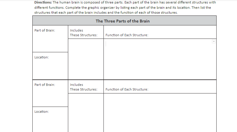 Directions: The human brain is composed of three parts. Each part of the brain has several different structures with
different functions. Complete the graphic organizer by listing each part of the brain and its location. Then list the
structures that each part of the brain includes and the function of each of those structures.
The Three Parts of the Brain
Part of Brain:
Includes
These Structures:
Function of Each Structure:
Location:
Part of Brain:
Includes
These Structures:
Function of Each Structure:
Location:
