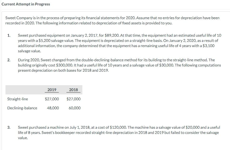 Current Attempt in Progress
Sweet Company is in the process of preparing its financial statements for 2020. Assume that no entries for depreciation have been
recorded in 2020. The following information related to depreciation of fixed assets is provided to you.
1.
2.
Sweet purchased equipment on January 2, 2017, for $89,200. At that time, the equipment had an estimated useful life of 10
years with a $5,200 salvage value. The equipment is depreciated on a straight-line basis. On January 2, 2020, as a result of
additional information, the company determined that the equipment has a remaining useful life of 4 years with a $3,100
salvage value.
3.
During 2020, Sweet changed from the double-declining-balance method for its building to the straight-line method. The
building originally cost $300,000. It had a useful life of 10 years and a salvage value of $30,000. The following computations
present depreciation on both bases for 2018 and 2019.
2019
Straight-line
Declining-balance 48,000
2018
$27,000 $27,000
60,000
Sweet purchased a machine on July 1, 2018, at a cost of $120,000. The machine has a salvage value of $20,000 and a useful
life of 8 years. Sweet's bookkeeper recorded straight-line depreciation in 2018 and 2019 but failed to consider the salvage
value.