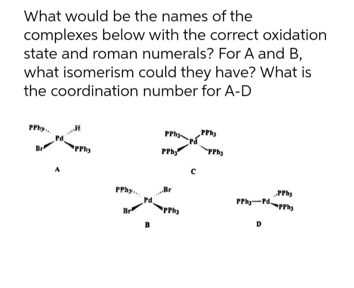 What would be the names of the
complexes below with the correct oxidation
state and roman numerals? For A and B,
what isomerism could they have? What is
the coordination number for A-D
PPhy..
..
Pd
PPhy
PPhy
PPhy
Br
PPh,
PPhy
A
PPhy.
...Br
Pd
PPhs
„PPhy
PPhy-Pd
PPhs
Br
B
