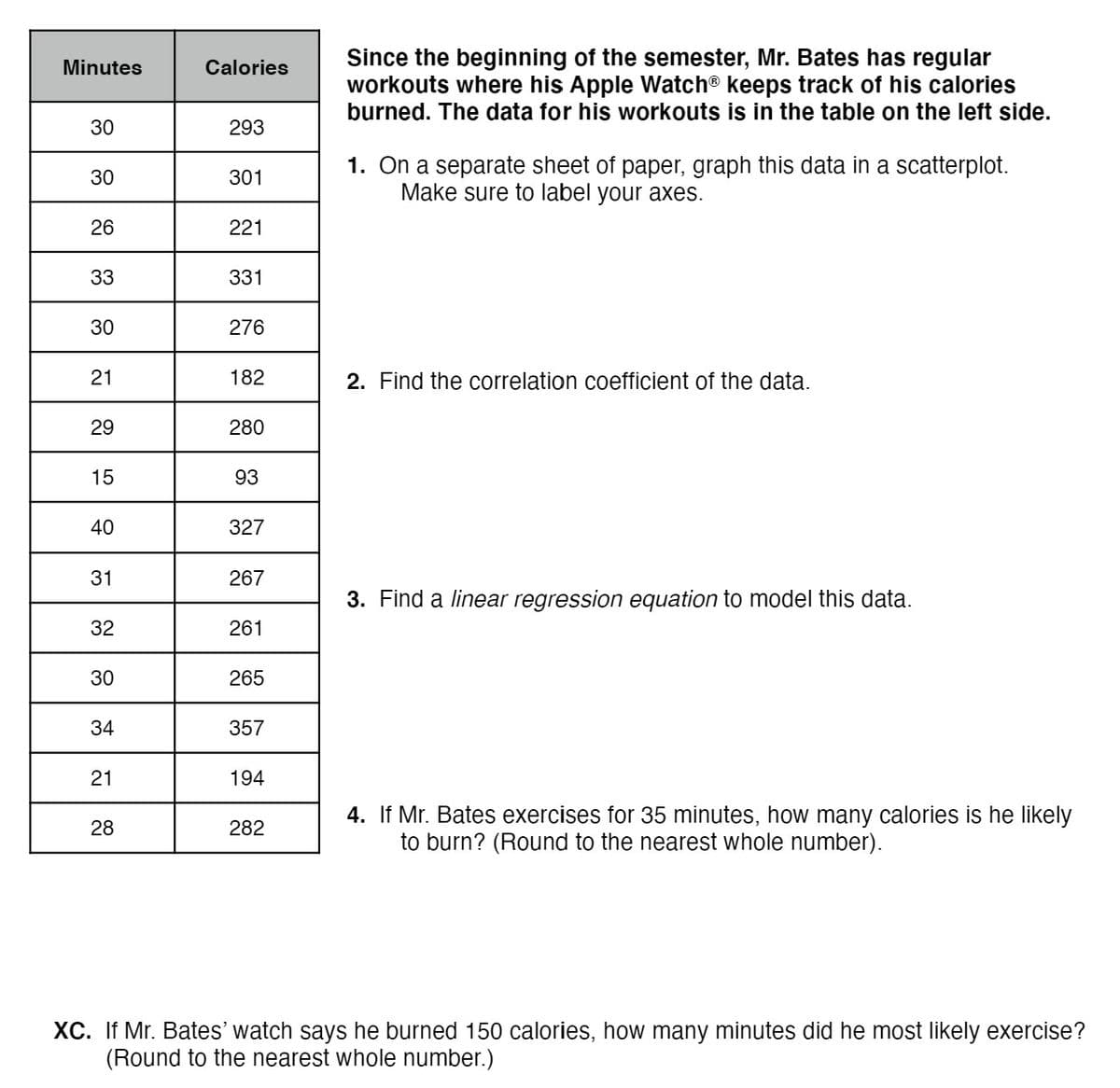 Since the beginning of the semester, Mr. Bates has regular
workouts where his Apple Watch® keeps track of his calories
burned. The data for his workouts is in the table on the left side.
Minutes
Calories
30
293
1. On a separate sheet of paper, graph this data in a scatterplot.
Make sure to label your axes.
30
301
26
221
33
331
30
276
21
182
2. Find the correlation coefficient of the data.
29
280
15
93
40
327
31
267
3. Find a linear regression equation to model this data.
32
261
30
265
34
357
21
194
4. If Mr. Bates exercises for 35 minutes, how many calories is he likely
to burn? (Round to the nearest whole number).
28
282
XC. If Mr. Bates' watch says he burned 150 calories, how many minutes did he most likely exercise?
(Round to the nearest whole number.)
