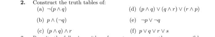 2.
Construct the truth tables of:
(a) (p^q)
(b) p^(-q)
(c) (p^q) ^r
(d) (p^g) V (q^r) V (r^p)
(e)
-pV-q
(f) pVqVrVs