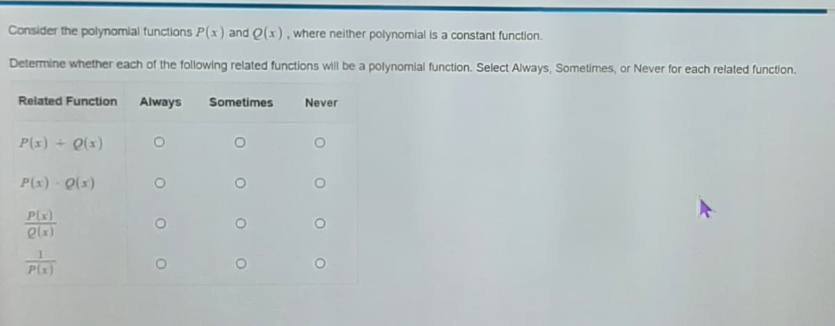 Consider the polynomial functions P(x) and Q(x),where neither polynomial is a constant function.
Determine whether each of the following related functions will be a polynomial function. Select Always, Sometimes, or Never for each related function.
Related Function
Always
Sometimes
Never
P(x) + Q(x)
P(x) Q(x)
Plx)
lx)
Plz)
