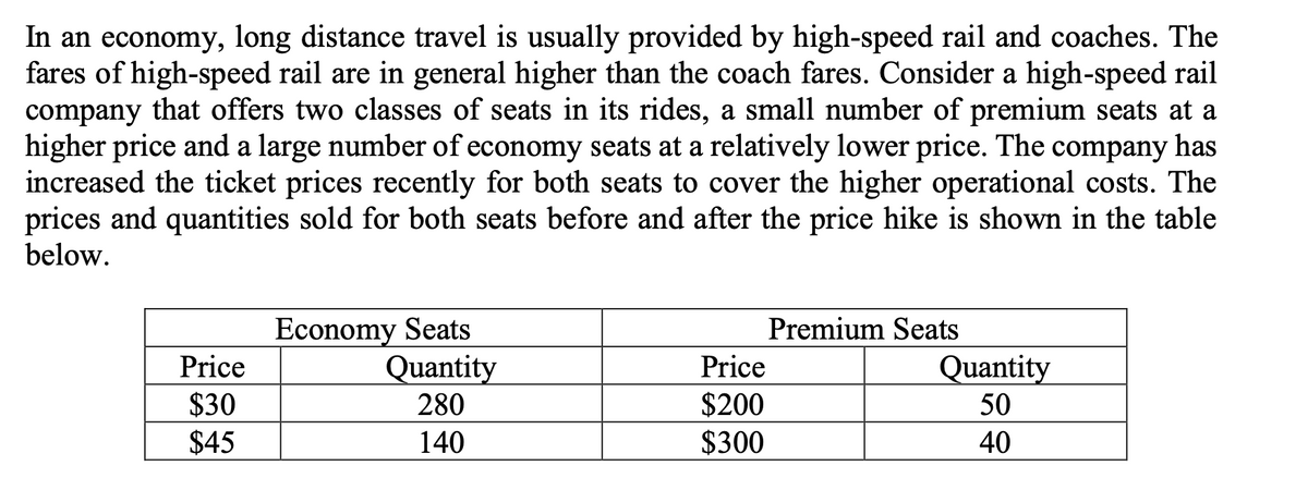 In an economy, long distance travel is usually provided by high-speed rail and coaches. The
fares of high-speed rail are in general higher than the coach fares. Consider a high-speed rail
company that offers two classes of seats in its rides, a small number of premium seats at a
higher price and a large number of economy seats at a relatively lower price. The company has
increased the ticket prices recently for both seats to cover the higher operational costs. The
prices and quantities sold for both seats before and after the price hike is shown in the table
below.
Economy Seats
Quantity
280
Premium Seats
Price
Price
Quantity
50
$200
$300
$30
$45
140
40
