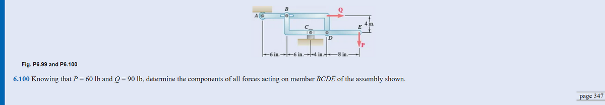 AO
B
OD
D
Q
-6 in.6 in.4 in.8 in.
E
4 in.
Fig. P6.99 and P6.100
6.100 Knowing that P = 60 lb and Q = 90 lb, determine the components of all forces acting on member BCDE of the assembly shown.
page 347