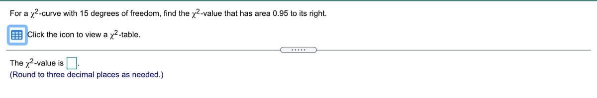 For a y2-curve with 15 degrees of freedom, find the y2-value that has area 0.95 to its right.
E Click the icon to view a y2-table.
.....
The x2-value is
(Round to three decimal places as needed.)
