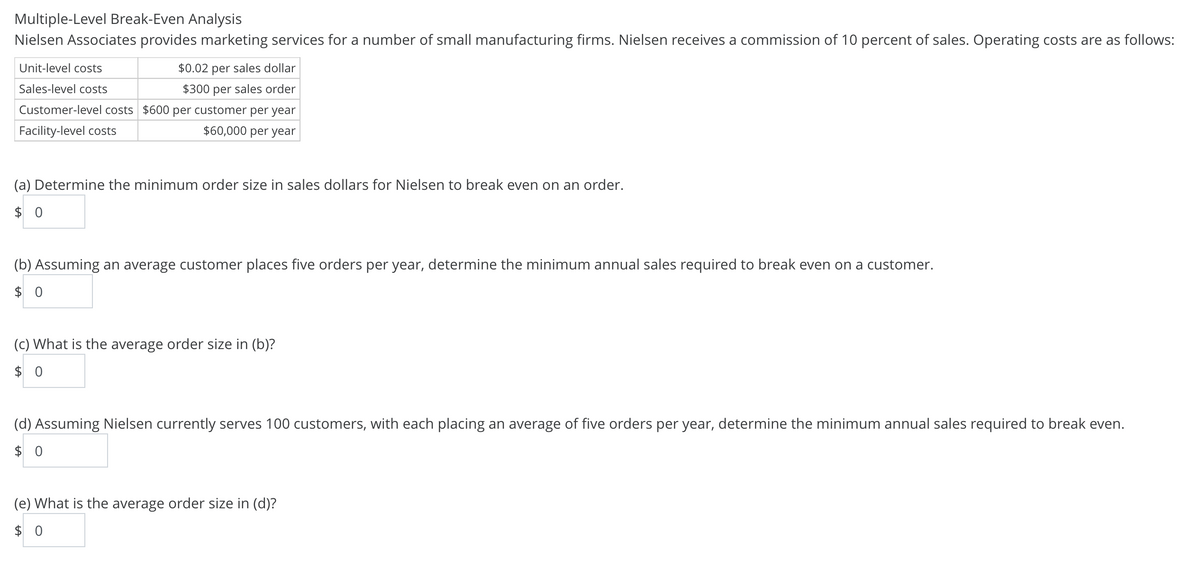 Multiple-Level Break-Even Analysis
Nielsen Associates provides marketing services for a number of small manufacturing firms. Nielsen receives a commission of 10 percent of sales. Operating costs are as follows:
Unit-level costs
$0.02 per sales dollar
Sales-level costs
$300 per sales order
Customer-level costs $600 per customer per year
Facility-level costs
$60,000 per year
(a) Determine the minimum order size in sales dollars for Nielsen to break even on an order.
$ 0
(b) Assuming an average customer places five orders per year, determine the minimum annual sales required to break even on a customer.
$ 0
(c) What is the average order size in (b)?
$ 0
(d) Assuming Nielsen currently serves 100 customers, with each placing an average of five orders per year, determine the minimum annual sales required to break even.
$ 0
(e) What is the average order size in (d)?
$ 0
