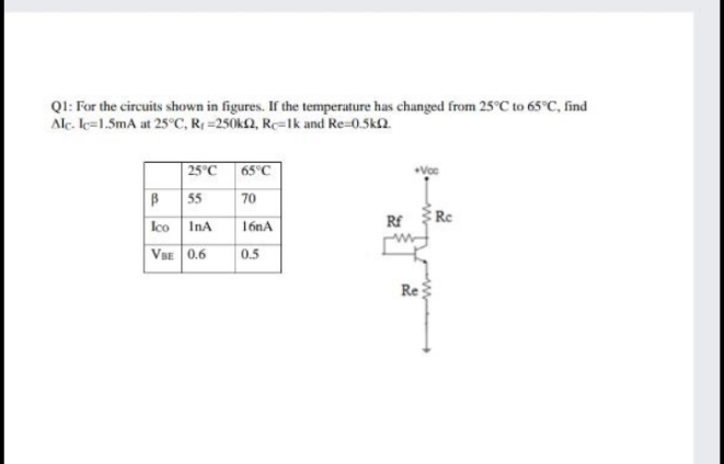 Ql: For the circuits shown in figures. If the temperature has changed from 25°C to 65°C, find
Alc. le=1.5mA at 25°C, R =250k2, R=1k and Re-0.5k2.
25°C
65°C
B55
70
Ico
Rf
Re
InA
16nA
VBE 0.6
0.5
Re
