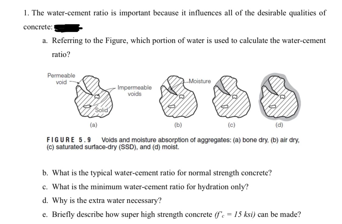 1. The water-cement ratio is important because it influences all of the desirable qualities of
concrete:
a. Referring to the Figure, which portion of water is used to calculate the water-cement
ratio?
Permeable
void
LMoisture
Impermeable
voids
Solid
(a)
(b)
(c)
(d)
FIGURE 5. 9
(c) saturated surface-dry (SSD), and (d) moist.
Voids and moisture absorption of
gregates: (a) bone dry, (b) air dry,
b. What is the typical water-cement ratio for normal strength concrete?
c. What is the minimum water-cement ratio for hydration only?
d. Why is the extra water necessary?
e. Briefly describe how super high strength concrete (f'c = 15 ksi) can be made?
