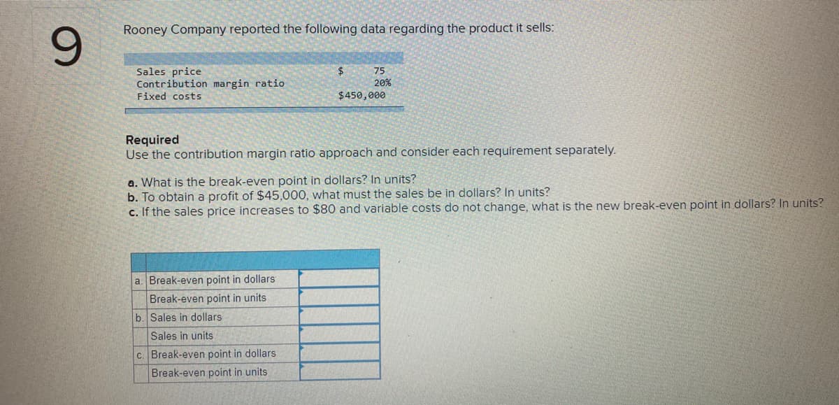 Rooney Company reported the following data regarding the product it sells:
6.
$4
Sales price
Contribution margin ratio
Fixed costs
75
20%
$450,000
Required
Use the contribution margin ratio approach and consider each requirement separately.
a. What is the break-even point in dollars? In units?
b. To obtain a profit of $45,000, what must the sales be in dollars? In units?
c. If the sales price increases to $80 and variable costs do not change, what is the new break-even point in dollars? In units?
a. Break-even point in dollars
Break-even point in units
b. Sales in dollars
Sales in units
c. Break-even point in dollars
Break-even point in units
