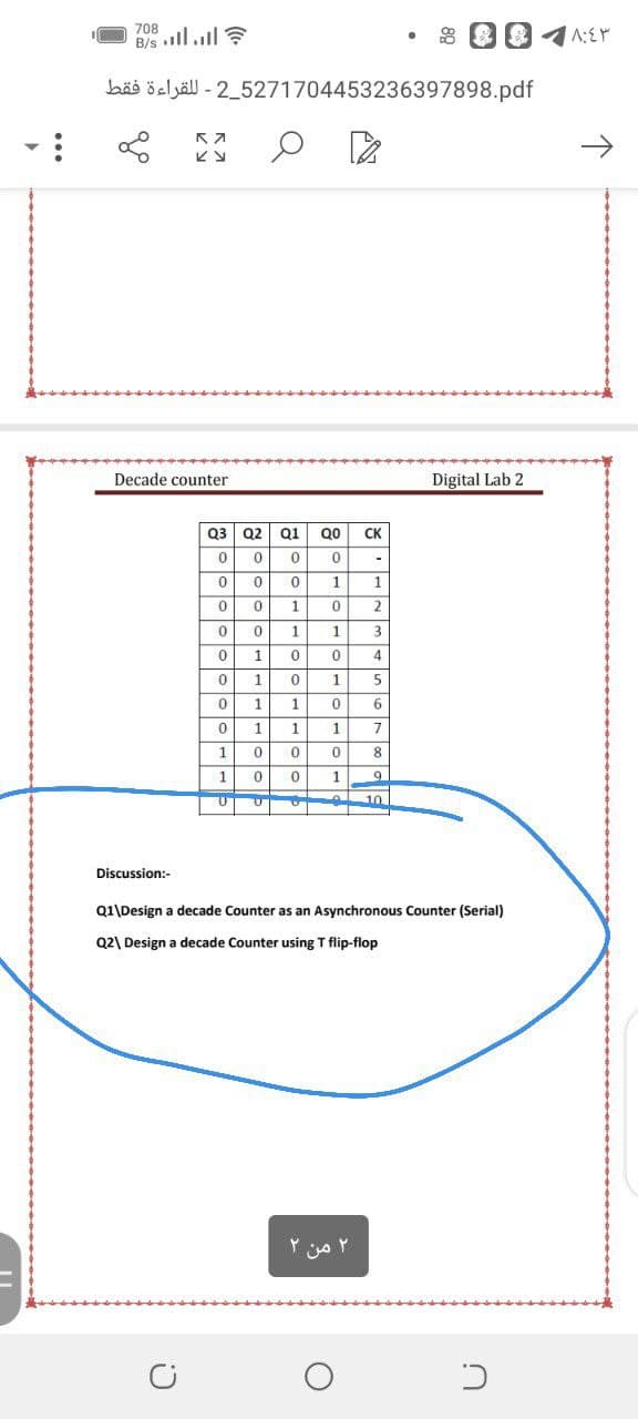 708
B/s ll.l?
bäs öeljäll - 2_5271704453236397898.pdf
Decade counter
Digital Lab 2
Q3
Q2
Q1
Q0
CK
1
1
1
1
1
1
1
6.
1
1
1
1
1
9
10
Discussion:-
Q1\Design a decade Counter as an Asynchronous Counter (Serial)
Q2\ Design a decade Counter using T flip-flop
۲ من ۲
