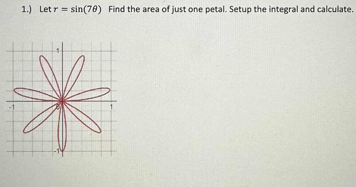 1.) Let r sin(70) Find the area of just one petal. Setup the integral and calculate.
=