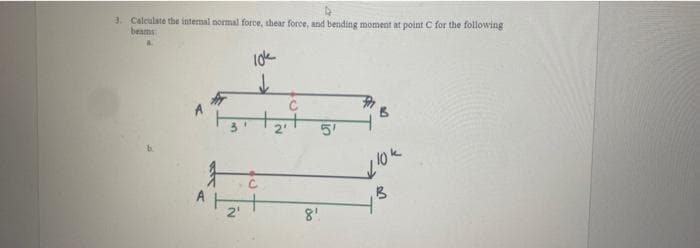 3. Calculate the internal normal force, thear force, and bending moment at point C for the following
beams
2
5'
