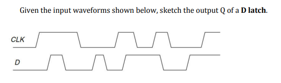 Given the input waveforms shown below, sketch the output Q of a D latch.
CLK
D
