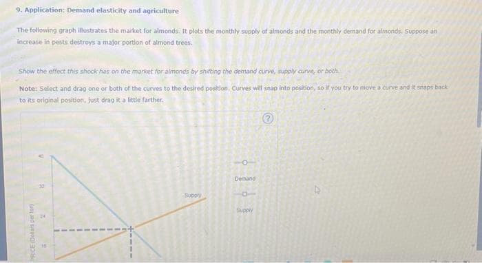 9. Application: Demand elasticity and agriculture
The following graph illustrates the market for almonds. It plots the monthly supply of almonds and the monthly demand for almonds. Suppose an
increase in pests destroys a major portion of almond trees.
Show the effect this shock has on the market for almonds by shifting the demand curve, supply curve, or both
Note: Select and drag one or both of the curves to the desired position. Curves will snap into position, so if you try to move a curve and it snaps back
to its original position, just drag it a little farther.
PRICE (Delars per tor
G
Supply
O
Demand
Supply
@
4