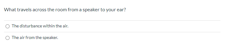 What travels across the room from a speaker to your ear?
The disturbance within the air.
O The air from the speaker.
