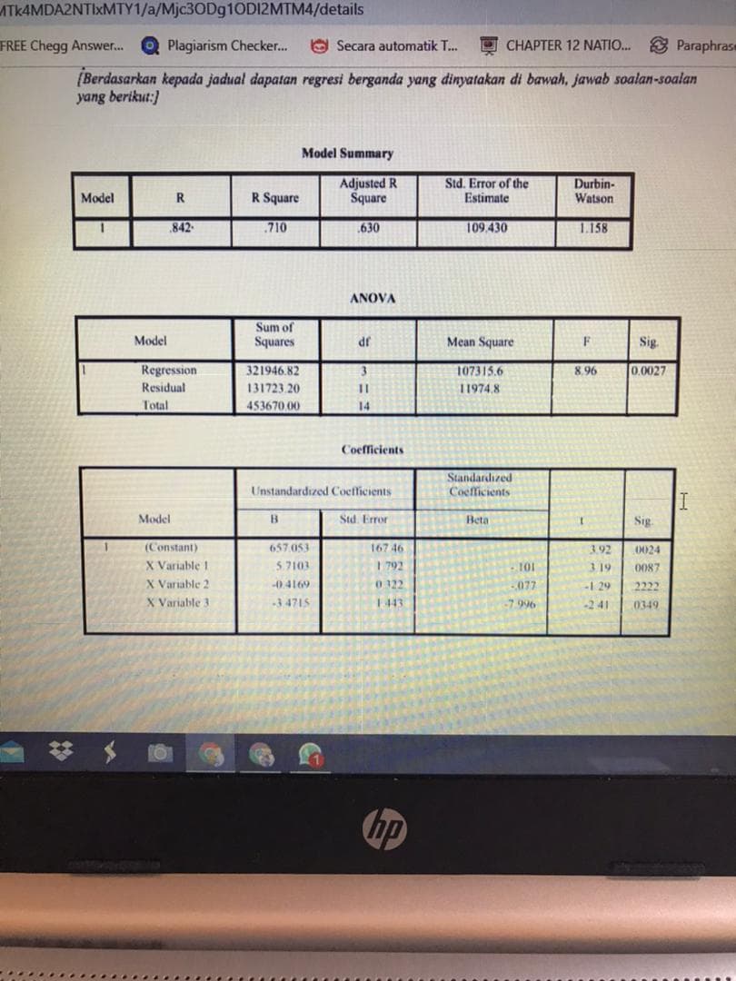 ATK4MDA2NTIXMTY1/a/Mjc3ODg10DI2MTM4/details
FREE Chegg Answer.
Q Plagiarism Checker.
O Secara automatik T..
CHAPTER 12 NATIO...
S Paraphrase
[Berdasarkan kepada jadual dapatan regresi berganda yang dinyatakan di bawah, jawab soalan-soalan
yang berikut:}
Model Summary
R Square
Adjusted R
Square
Std. Error of the
Estimate
Durbin-
Watson
Model
842
.710
630
109.430
1.158
ANOVA
Sum of
Squares
Model
Mean Square
Sig.
JP
Regression
321946.82
107315.6
8.96
0.0027
Residual
131723 20
11
11974.8
Total
453670.00
14
Coefficients
Standardized
Coefficients
Unstandardized Cocfficients
Model
B.
Std. Erron
Beta
Sig.
(Constant)
657 053
167 46
3.92
0024
X Variable 1
X Variable 2
X Variable 3
5.7103
1792
-101
319
0087
-0.4169
0 322
077
-1 29
2222
3 4715
1443
-7.996
-2 41
0349
hp
