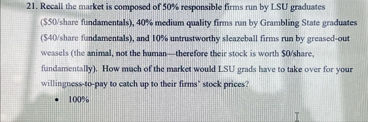 21. Recall the market is composed of 50% responsible firms run by LSU graduates
($50/share fundamentals), 40% medium quality firms run by Grambling State graduates
($40/share fundamentals), and 10% untrustworthy sleazeball firms run by greased-out
weasels (the animal, not the human-therefore their stock is worth $0/share,
fundamentally). How much of the market would LSU grads have to take over for your
willingness-to-pay to catch up to their firms stock prices?
100%