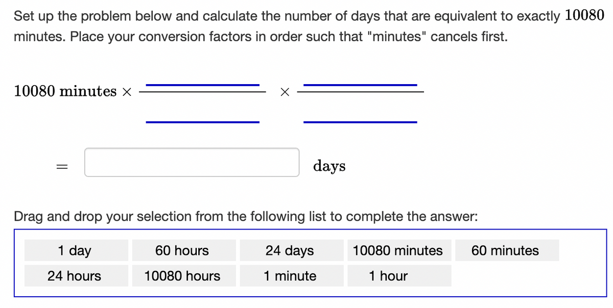 Set up the problem below and calculate the number of days that are equivalent to exactly 10080
minutes. Place your conversion factors in order such that "minutes" cancels first.
10080 minutes x
days
Drag and drop your selection from the following list to complete the answer:
1 day
60 hours
24 days
10080 minutes
60 minutes
24 hours
10080 hours
1 minute
1 hour
