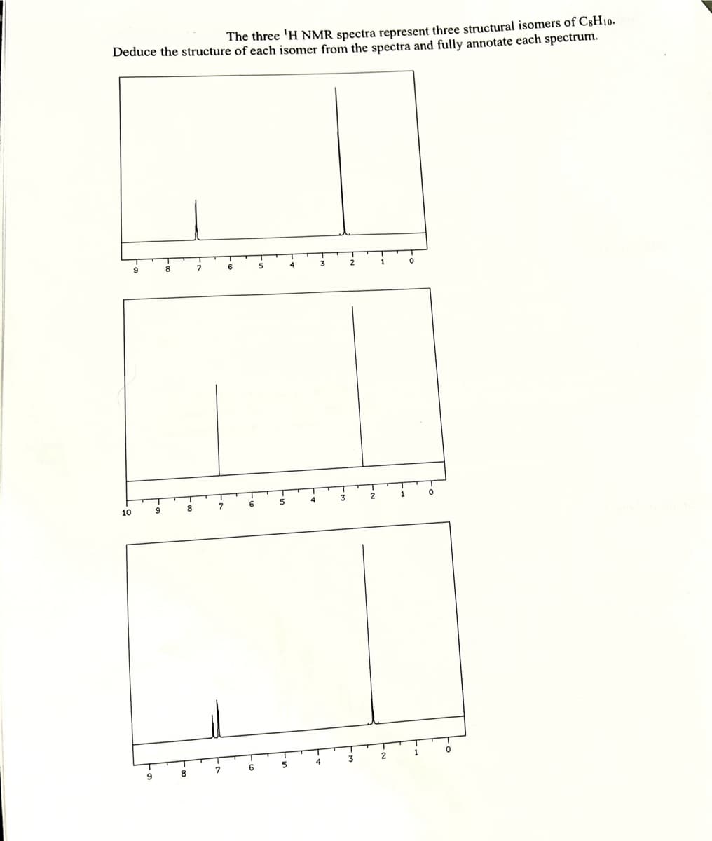 The three 'H NMR spectra represent three structural isomers of C8H10.
Deduce the structure of each isomer from the spectra and fully annotate each spectrum.
9
7
6
5
4
3
2
1
10
9
8
7
6
5
4
3
2
1
°
9
8
7
6
5
4
3
2
1