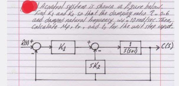 Acontrol system is shown in figure belaws.
Find K and Ke so that the damping ratio 2=0.6
and damped natural frequency wd = 10 rad/sec. Then,
calculate Mp, tr, and to for the wait step input.
RIS)+
1
K₂
5(5+1)
→C(5)
SK₂