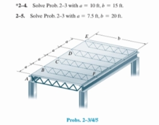 *24 Solve Prob. 2-3 with a = 10ft, b = 15 ft.
2-5. Solve Proh. 2-3 with e = 75 f,b = 20f.
