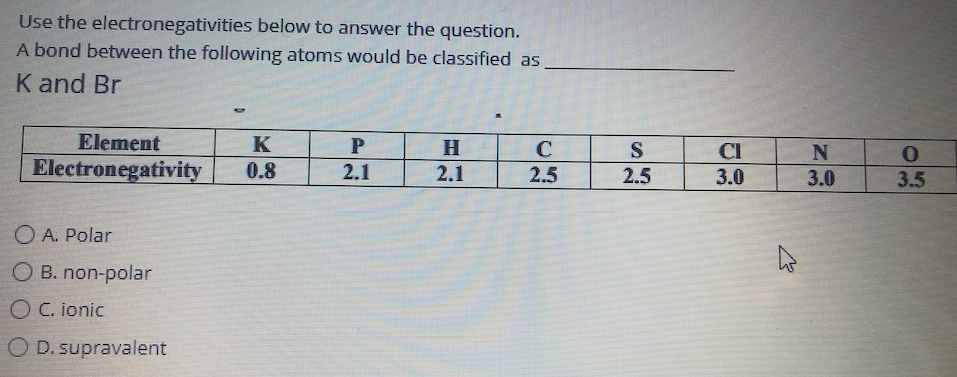 Use the electronegativities below to answer the question.
A bond between the following atoms would be classified as
K and Br
Element
K
H
S
2.5
CI
N
Electronegativity
0.8
2.1
2.1
2.5
3.0
3.0
3.5
O A. Polar
O B. non-polar
O C. ionic
O D. supravalent
