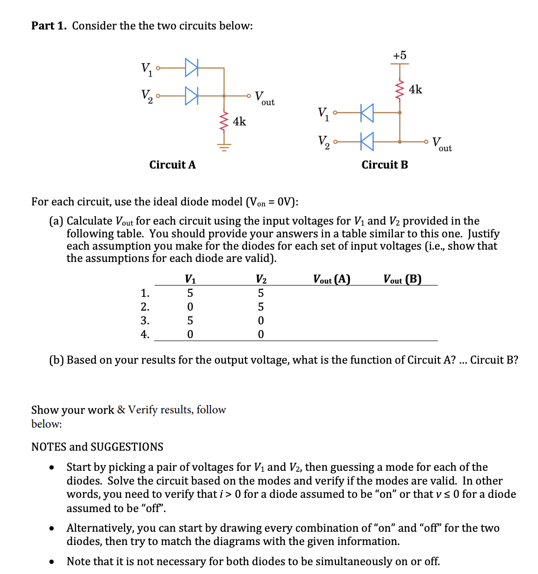 Part 1. Consider the the two circuits below:
+5
V1
O-
4k
-o V
out
4k
Kt
V
out
Circuit A
Circuit B
For each circuit, use the ideal diode model (Von = 0V):
(a) Calculate Vout for each circuit using the input voltages for V1 and V2 provided in the
following table. You should provide your answers in a table similar to this one. Justify
each assumption you make for the diodes for each set of input voltages (i.e., show that
the assumptions for each diode are valid).
V1
V2
Vout (A)
Vout (B)
1.
5
2.
3.
4.
(b) Based on your results for the output voltage, what is the function of Circuit A? .. Circuit B?
Show your work & Verify results, follow
below:
NOTES and SUGGESTIONS
Start by picking a pair of voltages for V1 and V2, then guessing a mode for each of the
diodes. Solve the circuit based on the modes and verify if the modes are valid. In other
words, you need to verify that i > 0 for a diode assumed to be "on" or that v < 0 for a diode
assumed to be "off".
Alternatively, you can start by drawing every combination of "on" and "off" for the two
diodes, then try to match the diagrams with the given information.
Note that it is not necessary for both diodes to be simultaneously on or off.
