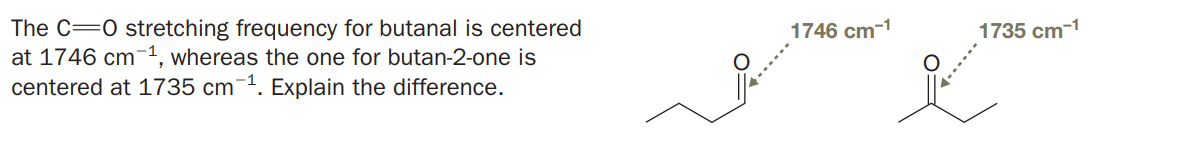 The C=0 stretching frequency for butanal is centered
at 1746 cm-1, whereas the one for butan-2-one is
centered at 1735 cm¯1. Explain the difference.
1746 cm-1
1735 cm-1
