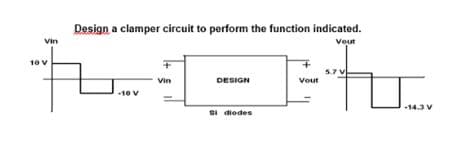 Design a clamper circuit to perform the function indicated.
Vout
Vin
10v
Vin
DESIGN
Vout
-10 V
Si diodes
-14.3 V
