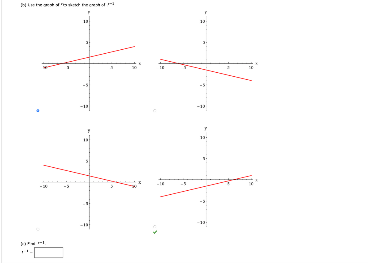 (b) Use the graph of f to sketch the graph of f-1.
y
y
10
10
5
5
- 10
-5
10
- 10
-5
5
10
-5
-5
-10
-10
y
y
10-
10
5
5
-10
-5
- 10
-5
5
10
-5
-5
-10
-10
(c) Find f-1.
f-1
