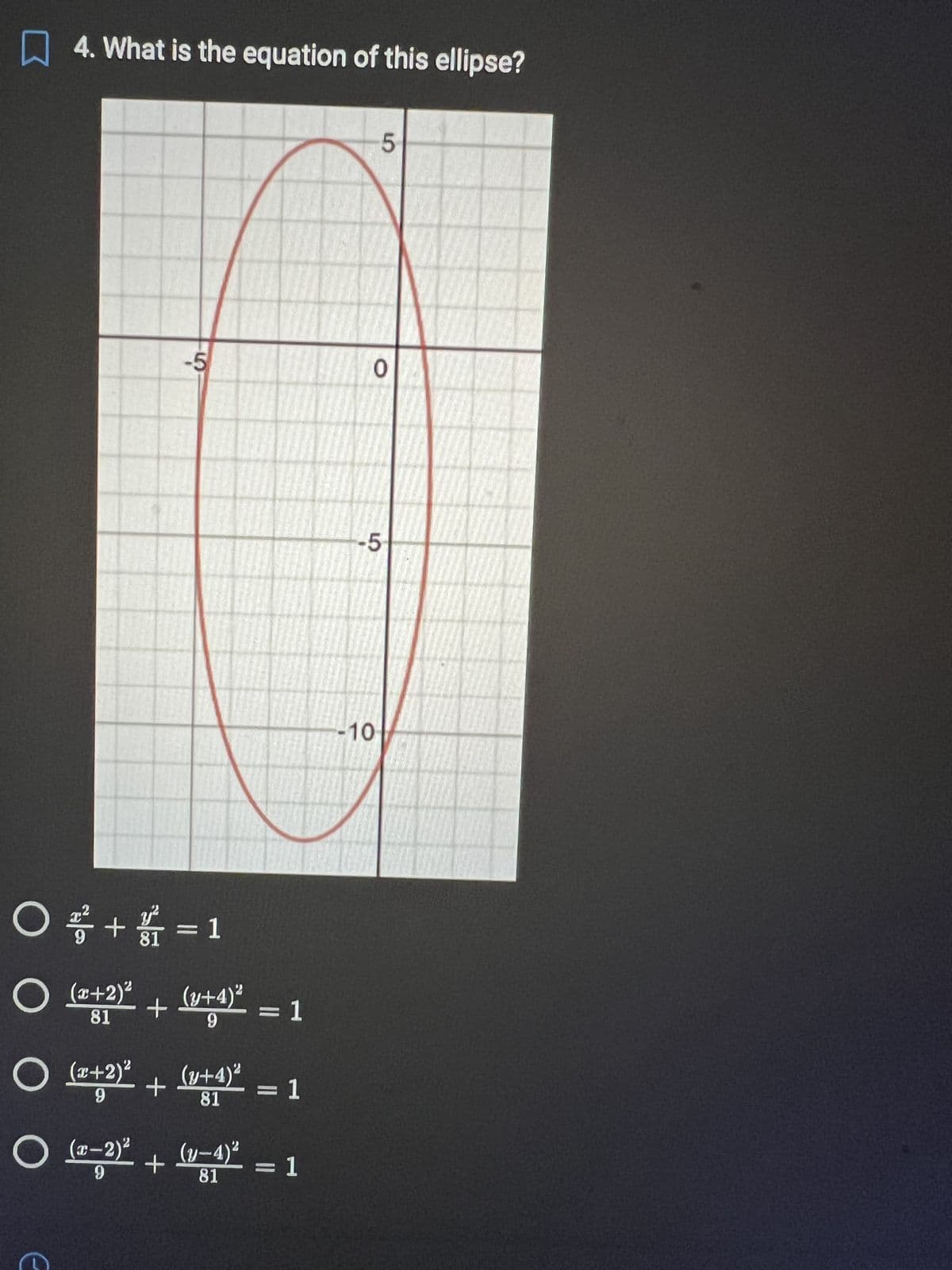 -10-
-5
0
5
= 1
= 1
18
6
2 (1-1) + 7 (2²2) O
81
6
P. (D+R) + ₂ (2+x)
)² = 1
6
=(B²+A) + ₂ (2+2)
z (2+2) O
1
-5
81
6
1 = 1/2 + 1/
I
z(Z+x) O
4. What is the equation of this ellipse?
O