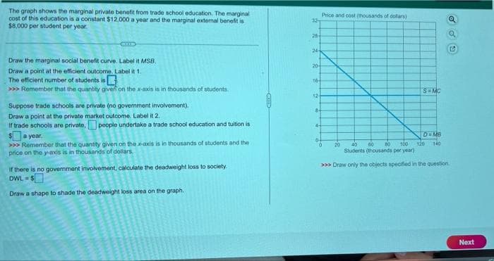 The graph shows the marginal private benefit from trade school education. The marginal -
cost of this education is a constant $12,000 a year and the marginal external benefit is
$8,000 per student per year.
Draw the marginal social benefit curve. Label it MSB
Draw a point at the efficient outcome. Label it 1.
The efficient number of students is
>>> Remember that the quantity given on the x-axis is in thousands of students.
Suppose trade schools are private (no government involvement).
Draw a point at the private market outcome. Label it 2..
If trade schools are private, people undertake a trade school education and tuition is
$a year.
>>> Remember that the quantity given on the x-axis is in thousands of students and the
price on the y-axis is in thousands of dollars.
If there is no goverment involvement, calculate the deadweight loss to society.
DWL =
Draw a shape to shade the deadweight loss area on the graph.
Price and cost (thousands of dollars)
324
28-
24-
20+
16
12
ddu
8-
4-4
0-
S MC
DEMB
0
20
40 60 80 100 120 140
Students (thousands per year)
>>> Draw only the objects specified in the question.
Next