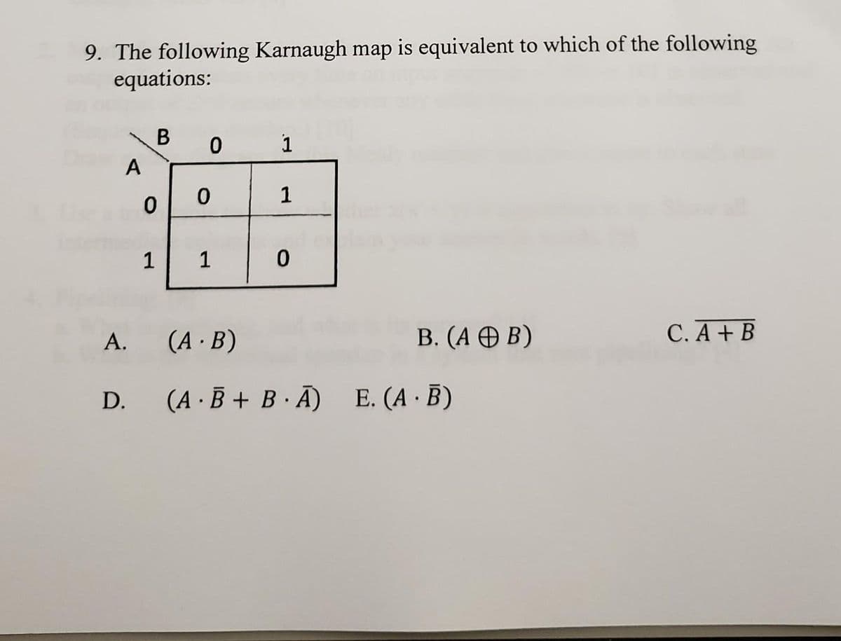 9. The following Karnaugh map is equivalent to which of the following
equations:
В
1
A
1
1
1
А.
(A B)
В. (А Ө В)
С.А + В
D.
(A · B + B · Ā) E. (A · B)
