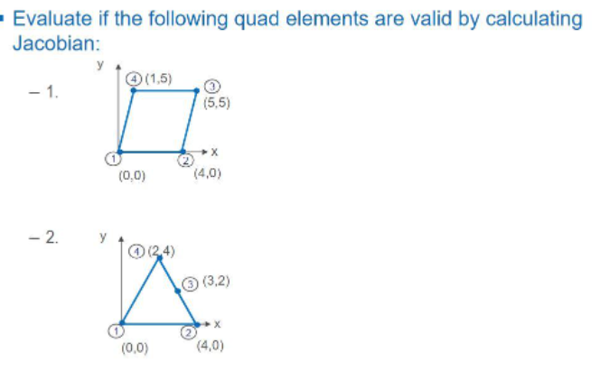 Evaluate if the following quad elements are valid by calculating
Jacobian:
4 (1,5)
- 1.
(5,5)
X
(4,0)
-2.
y
(0,0)
Ⓒ(2,4)
A
(0,0)
(3,2)
(4,0)