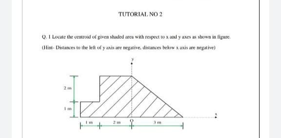 TUTORIAL NO 2
Q. 1 Locate the centroid of given studed areu with respect to x and y axes us shown in figure.
(Hint- Distances to the lelt of y axis are negative, distances below x axis are negative)
2 m
Im
to
2 m
