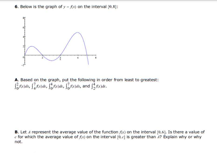 6. Below is the graph of y = Ax) on the interval [0,8]:
A. Based on the graph, put the following in order from least to greatest:
B. Let A represent the average value of the function Ax) on the interval [0,6]. Is there a value of
c for which the average value of Arx) on the interval [0, c] is greater than A? Explain why or why
not.
