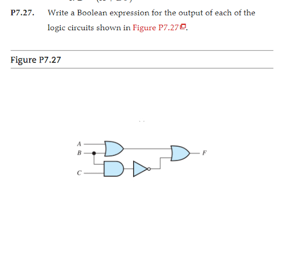 P7.27.
Write a Boolean expression for the output of each of the
logic circuits shown in Figure P7.270.
Figure P7.27
BD
A
В
