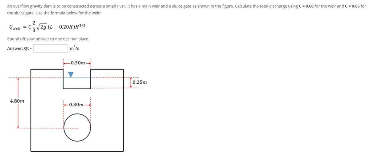 An overflow gravity dam is to be constructed across a small river. It has a main weir and a sluice gate as shown in the figure. Calculate the total discharge using C = 0.60 for the weir and C = 0.65 for
the sluice gate. Use the formula below for the weir:
2
= C/2g (L – 0.20H)H³/2
Qweir
Round off your answer to one decimal place.
Answer: Qt =
m'/s
-0.30m.
0.25m
4.80m
0.30m
