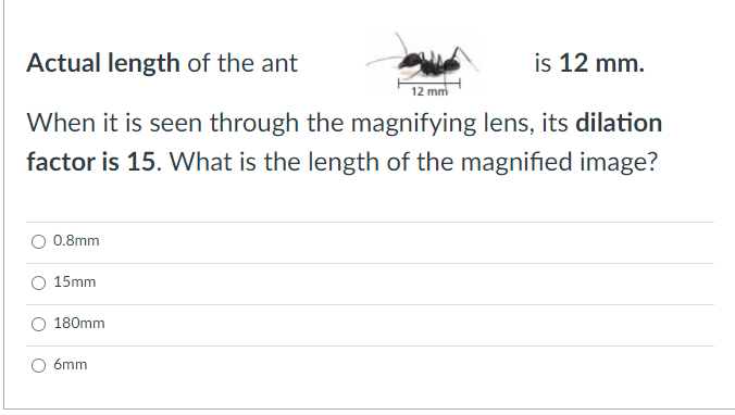 Actual length of the ant
is 12 mm.
12 mm
When it is seen through the magnifying lens, its dilation
factor is 15. What is the length of the magnified image?
0.8mm
15mm
180mm
6mm
